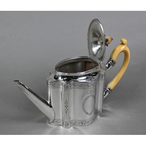 67 - A George III silver teapot of ogee form with engraved decoration, ivory scroll handle and carved 'pi... 