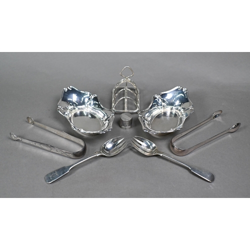 71 - An Edwardian pair of silver bonbon dishes, Birmingham 1908, a small toast rack, Sheffield 1903 and a... 