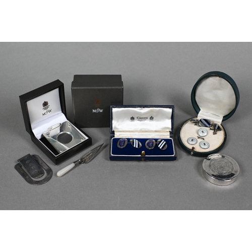 82 - A cased silver cigar-cutter, Mappin & Webb, London 2003 (boxed as new), to/w a cased pair of sil... 