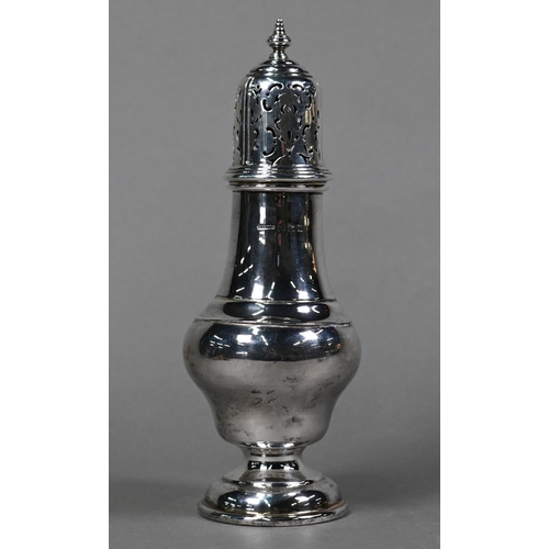 83 - A silver baluster sugar caster, Birmingham 1937, 21cm high, to/w two 18th Century tablespoons (marks... 