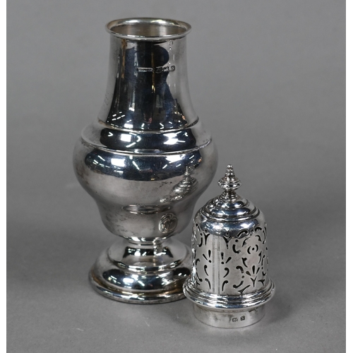 83 - A silver baluster sugar caster, Birmingham 1937, 21cm high, to/w two 18th Century tablespoons (marks... 