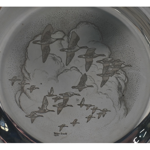 91 - A silver plate etched with a flight of geese, signed Peter Scott 1975, London 1975, a small silver d... 