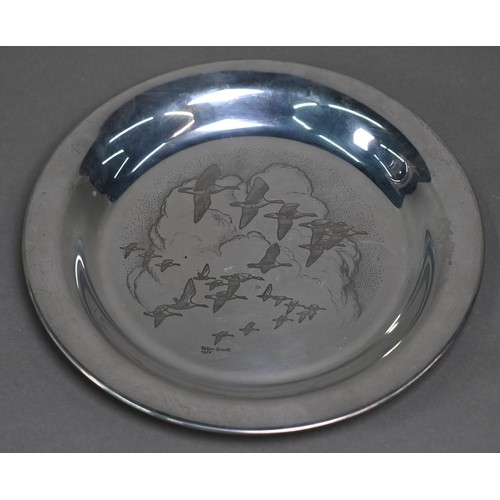 91 - A silver plate etched with a flight of geese, signed Peter Scott 1975, London 1975, a small silver d... 