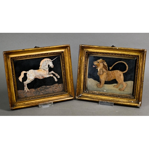 1055 - A pair of early 19th century Italian pietra dura Grand Tour panels depicting a lion and a unicorn, 1...