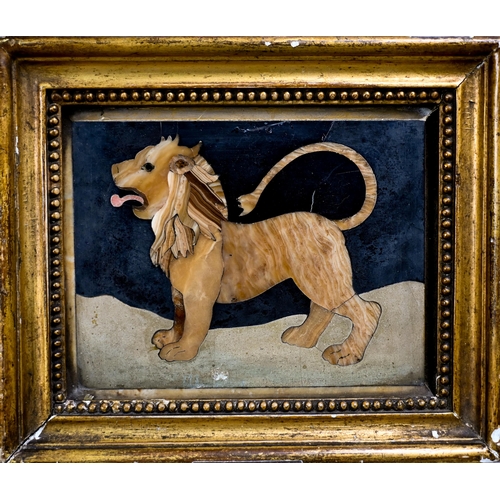 1055 - A pair of early 19th century Italian pietra dura Grand Tour panels depicting a lion and a unicorn, 1... 