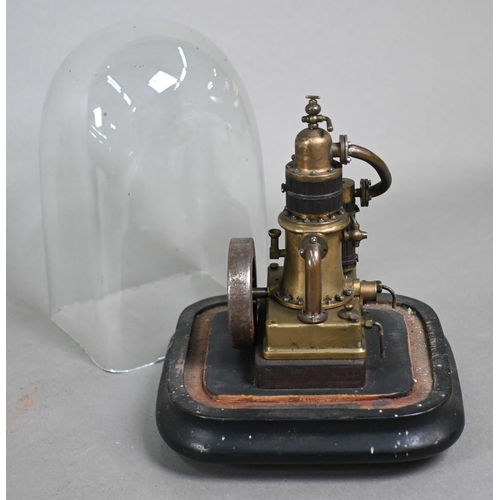 1113 - A small Victorian scratch-built vertical cylinder steam engine, 12 cm high, under a glass dome, to/w... 