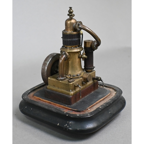 1113 - A small Victorian scratch-built vertical cylinder steam engine, 12 cm high, under a glass dome, to/w... 