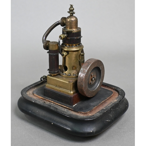 1113 - A small Victorian scratch-built vertical cylinder steam engine, 12 cm high, under a glass dome, to/w... 