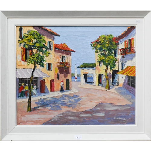 615 - Chandos - A Riviera street scene, oil on canvas, signed lower right, 50 x 60 cm to/w Rico Steel - Me... 