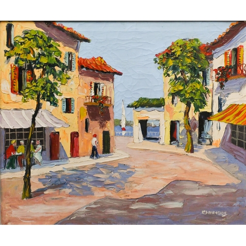 615 - Chandos - A Riviera street scene, oil on canvas, signed lower right, 50 x 60 cm to/w Rico Steel - Me... 