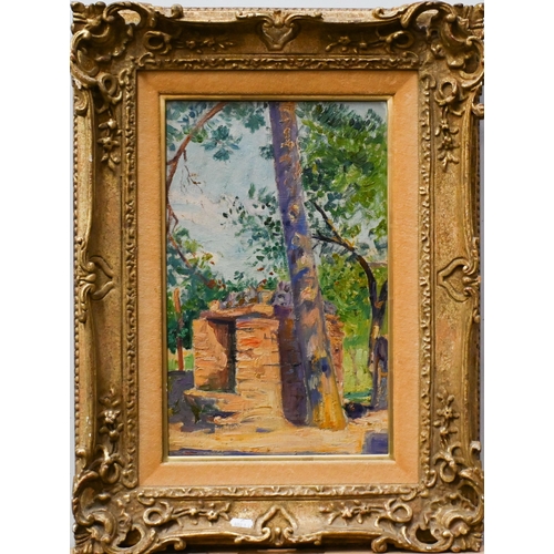 618 - Hippolyte Petitjean (1854-1929) - 'Paysage', crypt beneath tree, oil on board,39.5 x 24.5 cm, variou... 