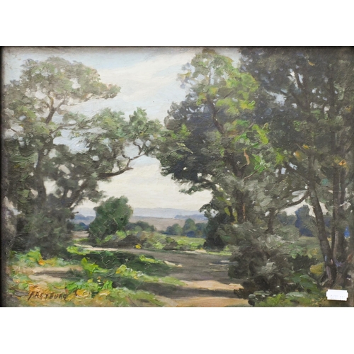 620 - Frank Freyburg (1862-1939) - A trio of landscapes, oil on board, two signed, 29 x 39 cm (2) and 29 x... 