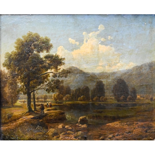 622 - Two 19th century landscapes, one naive with hamlet and river, indistinctly signed, 23 x 31 cm; and o... 