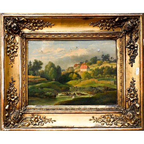 622 - Two 19th century landscapes, one naive with hamlet and river, indistinctly signed, 23 x 31 cm; and o... 