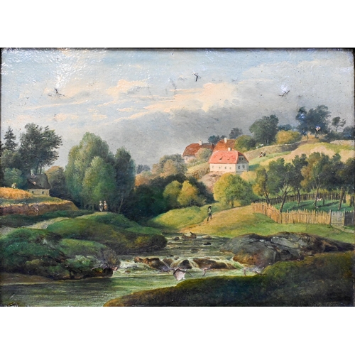 622 - Two 19th century landscapes, one naive with hamlet and river, indistinctly signed, 23 x 31 cm; and o... 