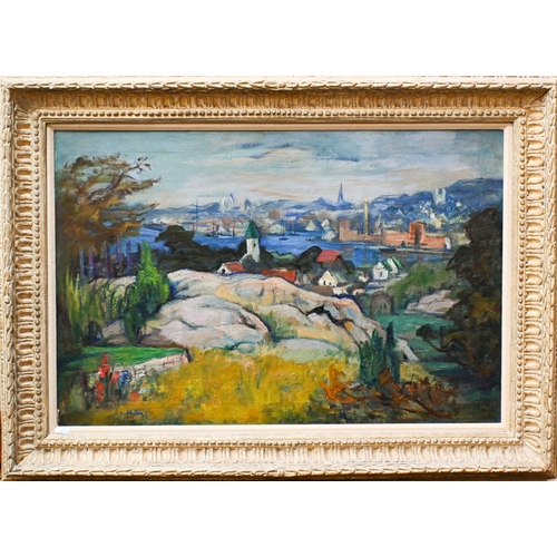 626 - J Schulein (1881-1970) - A Continental landscape towards a town, oil on canvas, signed left, 49 x 75... 