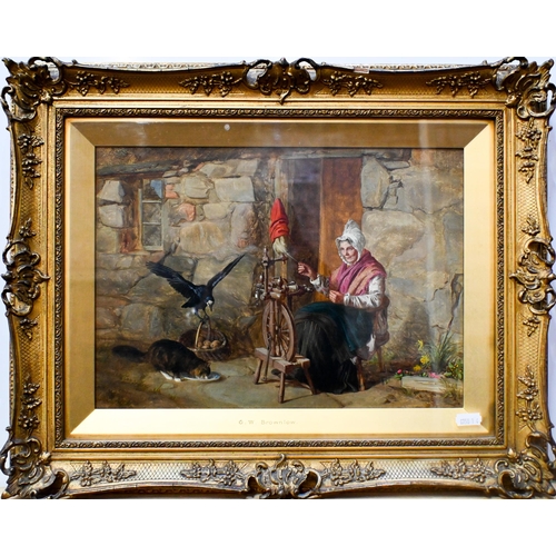 634 - G W Brownlow (1835-1876) - An elderly lady spinning yarn with cat and crow, oil on canvas, signed lo... 