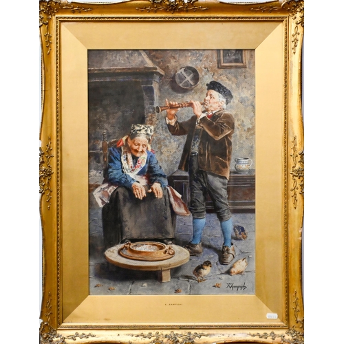 635 - Eugenio Zampighi (1859-1944) - 'Playing for supper', watercolour, signed lower right, 53 x 36 cm