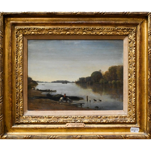 646 - L Villevieille (1826-1863) - A river landscape with pony drinking at water's edge, oil on board, sig... 