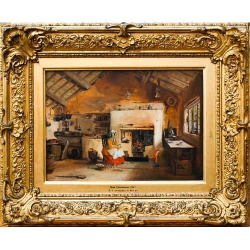 658 - R T Lonsdale - A woman seated by a fire in a cottage interior, oil on panel, signed with monogram an... 