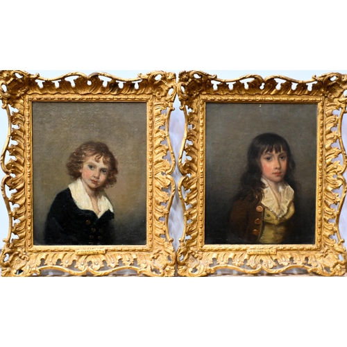 659 - J Russell RA (1745-1806) - A pair of portraits - young boy with brown jacket, and young boy with blu... 