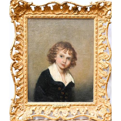 659 - J Russell RA (1745-1806) - A pair of portraits - young boy with brown jacket, and young boy with blu... 