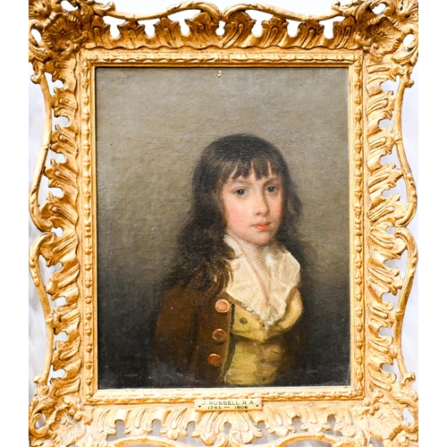 659 - J Russell RA (1745-1806) - A pair of portraits - young boy with brown jacket, and young boy with blu... 