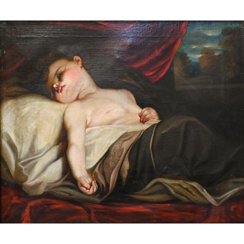 667 - 19th century English school - Sleeping infant, oil on canvas, 61.5 x 74 cm