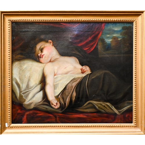 667 - 19th century English school - Sleeping infant, oil on canvas, 61.5 x 74 cm