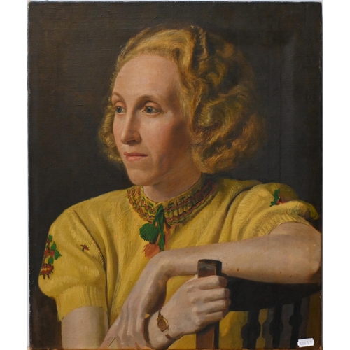 668 - 1950s portrait of a young lady wearing a yellow jumper, oil on canvas, 52 x 44 cm (unframed)