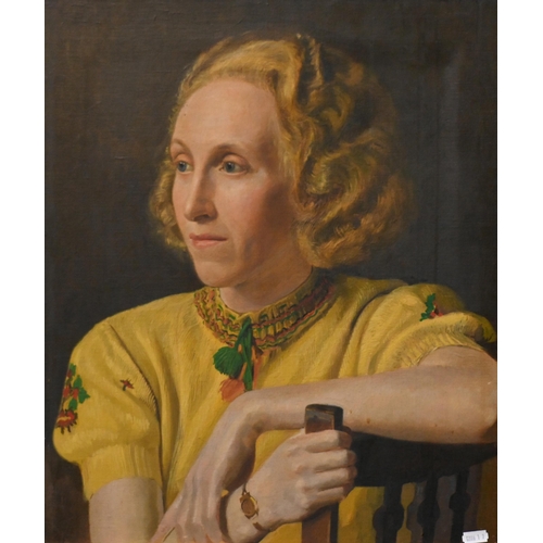 668 - 1950s portrait of a young lady wearing a yellow jumper, oil on canvas, 52 x 44 cm (unframed)