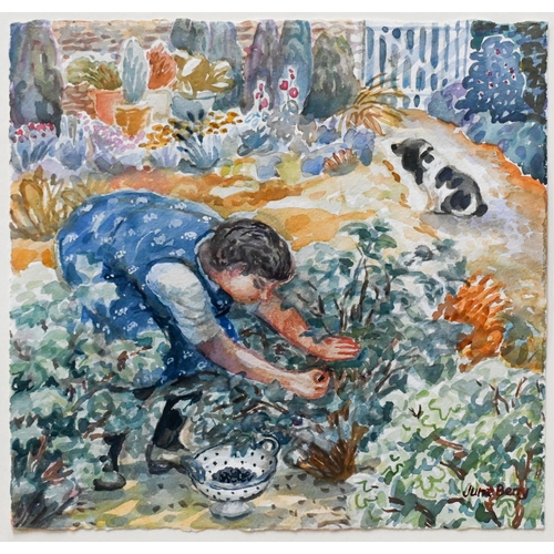 670 - June Berry (b 1924) - 'Picking Currants', watercolour, signed lower right, 27 x 29 cm