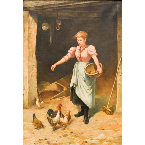 671 - F W Baker Jnr (fl 1873-1893) - Feeding the chickens, oil on canvas, signed lower left, 55 x 38 cm