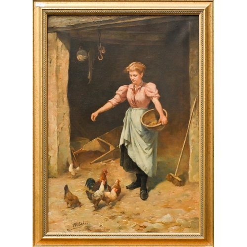 671 - F W Baker Jnr (fl 1873-1893) - Feeding the chickens, oil on canvas, signed lower left, 55 x 38 cm