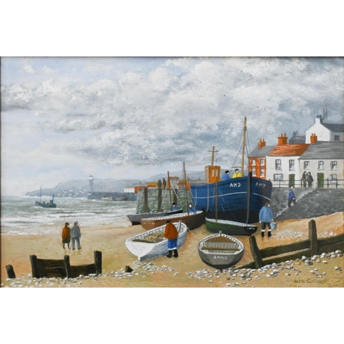 672 - John Bullock - 'Boats', coastal view, gouache, signed lower right, 16 x 23.5 cm