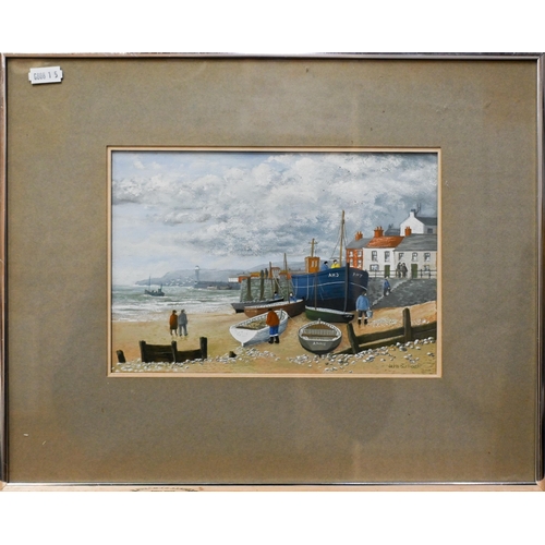 672 - John Bullock - 'Boats', coastal view, gouache, signed lower right, 16 x 23.5 cm