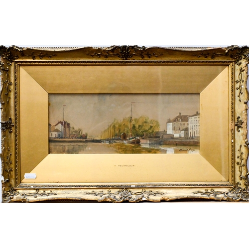 673 - H Heurteloup (c1854-1878) - Two Dutch waterway views, watercolour, signed, 12.5 x 31 cm and 29 x 17.... 