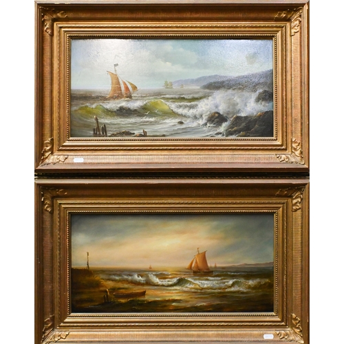 674 - Jean Laurent (b 1920) - A pair of seascapes, oil on board, signed, 24.5 x 50 cm (2)