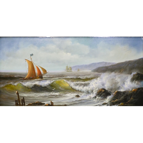 674 - Jean Laurent (b 1920) - A pair of seascapes, oil on board, signed, 24.5 x 50 cm (2)