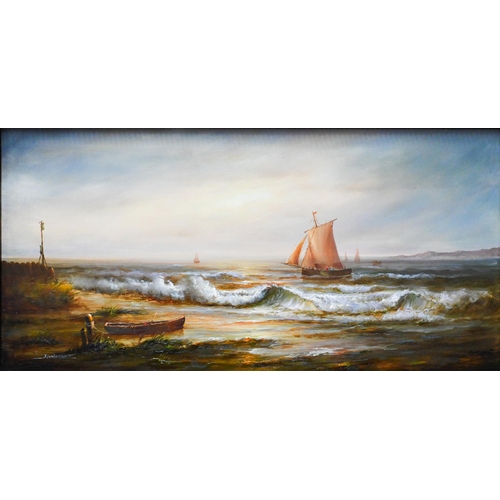 674 - Jean Laurent (b 1920) - A pair of seascapes, oil on board, signed, 24.5 x 50 cm (2)