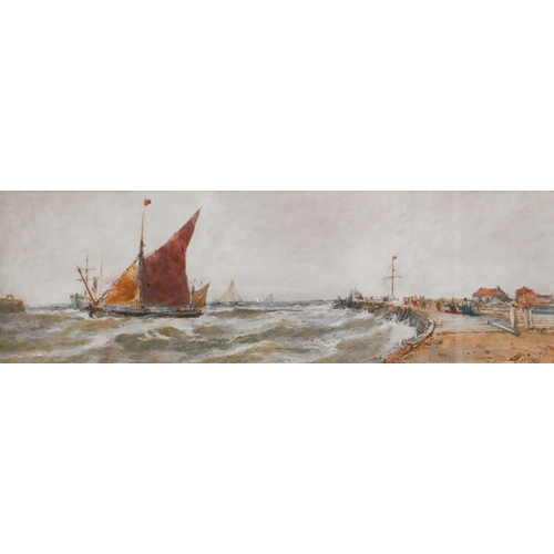 678 - Thomas Bush Hardy (1842-1897) - Boats off the coast, watercolour, signed lower right, 15 x 46.5 cm