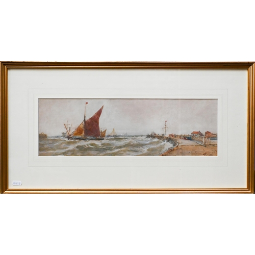 678 - Thomas Bush Hardy (1842-1897) - Boats off the coast, watercolour, signed lower right, 15 x 46.5 cm