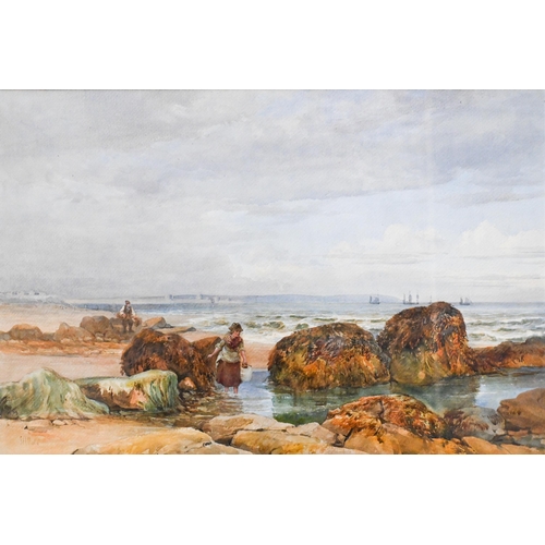 680 - J H Mole (1840-1886) - Searching the rock pool, watercolour, signed lower left, 34 x 51 cm