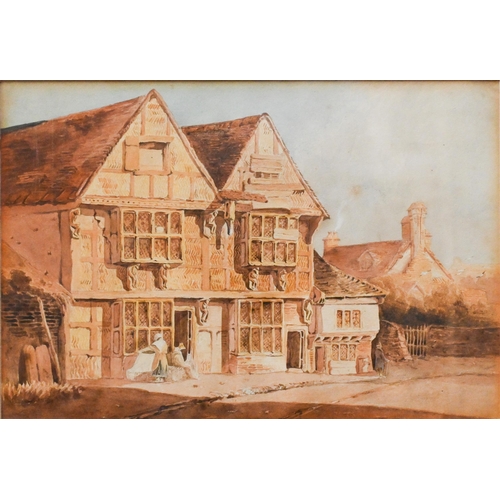 682 - John Skinner Prout (1806-1876) attrib - Figures outside a timber-framed cottage, watercolour, 20 x 2... 