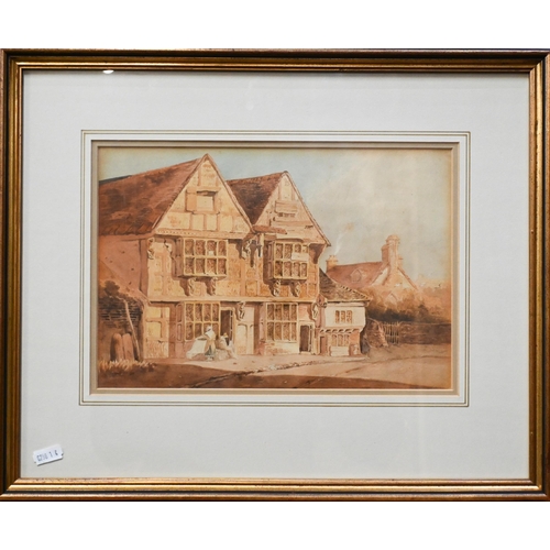 682 - John Skinner Prout (1806-1876) attrib - Figures outside a timber-framed cottage, watercolour, 20 x 2... 