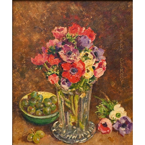 688 - Albert Perry - Anemones in a glass vase, oil on board, signed and dated 1954, 42 x 35 cm