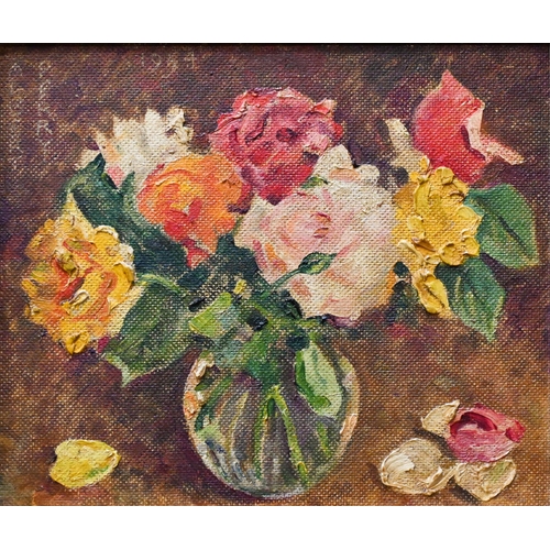 689 - Albert Perry - Roses in a glass vase, oil on board, signed and dated 1954, 25.5 x 30 cm