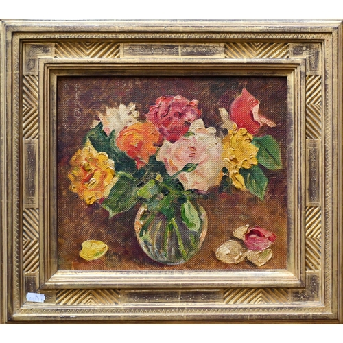 689 - Albert Perry - Roses in a glass vase, oil on board, signed and dated 1954, 25.5 x 30 cm