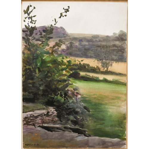 708 - Howard Morgan (1949-2020) - A Welsh valley landscape, watercolour, signed lower left, 37.5 x 36.5 cm