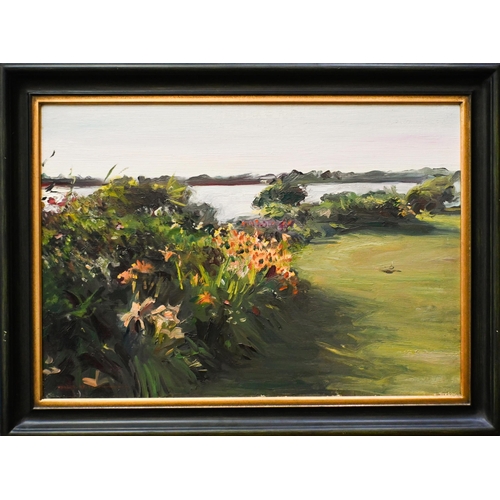 725 - Howard Morgan (1949-2020) - Landscape with flowering plants, oil on canvas, signed and inscribed low... 